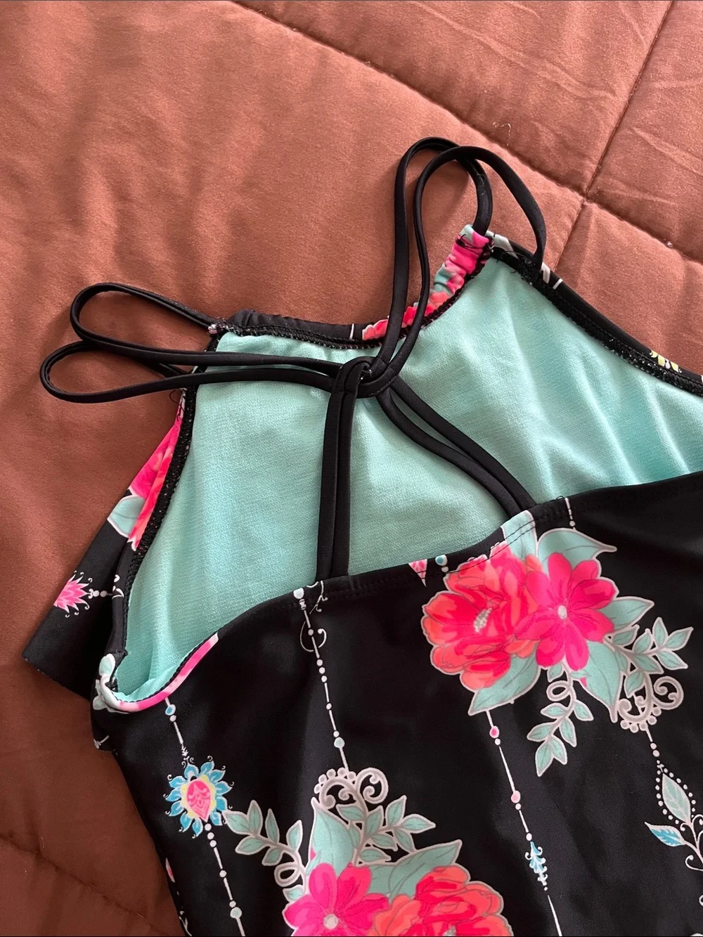 wonder nation Black One-Piece Swimsuit with Pink Floral & Mint Accents